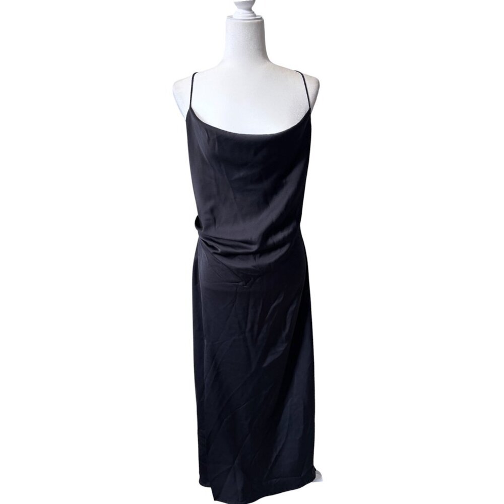 NWT Zara Black Satin Effect Draped Midi Dress XL - Picture 2 of 5